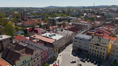Colourful Buildings of Havlickovo Square, Havlickuv Brod, Czechia - Aerial Drone Colourful Buildings of Havlickovo Square, Havlickuv Brod, Czechia - Aerial Drone
