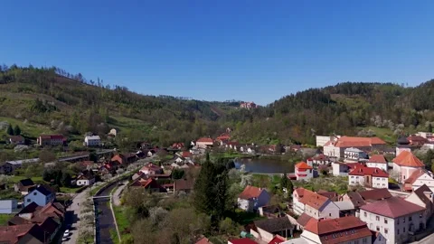 Nedvedice Town to Pernstein Castle, Brno, South Moravia, Czechia - Aerial Drone Nedvedice Town to Pernstein Castle, Brno, South Moravia, Czechia - Aerial Drone