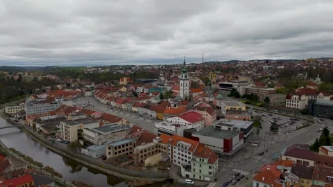 Approach to Charles Square, Trebic, Vysocina, Czechia - Aerial Drone Approach to Charles Square, Trebic, Vysocina, Czechia - Aerial Drone