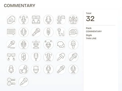 32 128x128 Pixel Optimized Vector Icons for Commentary in Thin Line Theme Stock Illustration