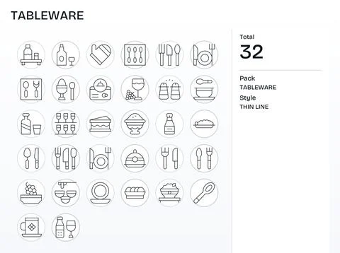 32 128x128 Thin Line Vector Icons for Tableware with Pixel Optimized precisio Stock Illustration