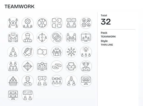 32 256x256 PIXEL Perfect Vector Icons for Teamwork in Thin Line Theme Stock Illustration