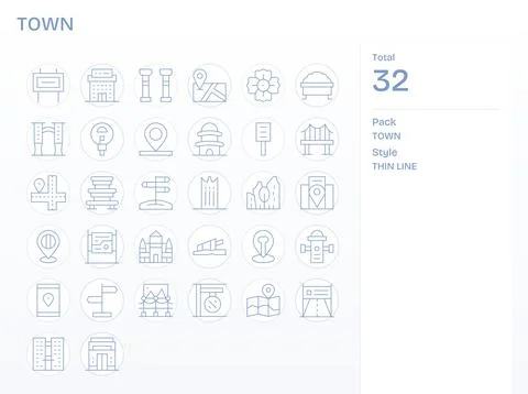 32 256x256 Thin Line Vector Icons for Town with Pixel Optimized precision Stock Illustration