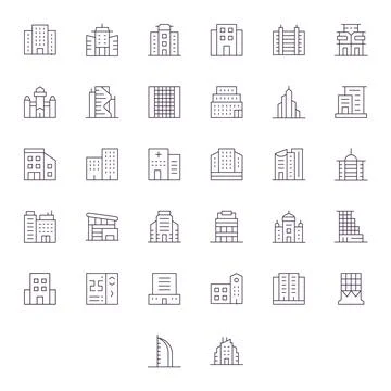 32 256x256 Vector Icons for Skyscraper in Editable Thin Line Format Stock Illustration