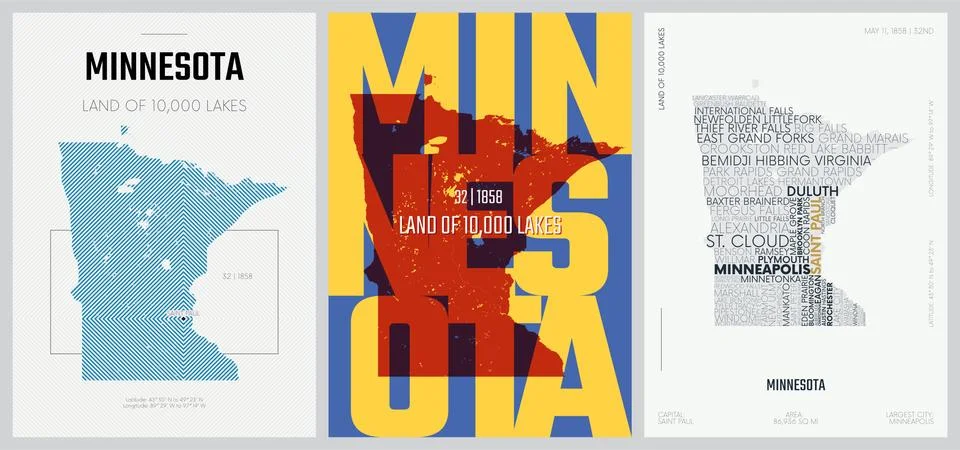 32 of 50 sets, US State Posters with name and Information in 3 Design Styles, Illustrazione stock