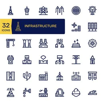 32 64x64 Bold Line Pixel Aligned Vector Icons for Infrastructure Projects Stock Illustration