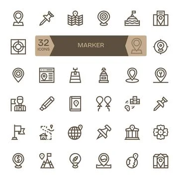 32 64x64 Grid Fitted Vector Icons for Marker in Bold Line Theme Stock Illustration