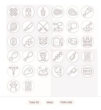 32 64x64 Thin Line Pixel Aligned Vector Icons for Meat Projects Stock Illustration