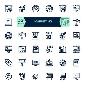 32 Bold Line Grid Fitted Vector Icons crafted for Marketing 256x256 applica.. Stock Illustration