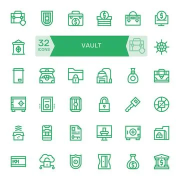 32 Bold Line Pixel Aligned Vectors for Vault Theme Stock Illustration