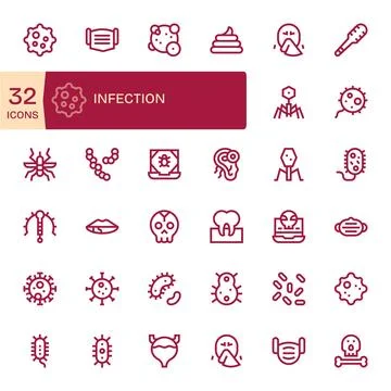 32 Bold Line Pixel Aligned Vector Icons for Infection Graphics Stock Illustration