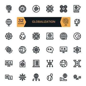 32 Bold Line PIXEL Perfect Vector Icons tailored for Globalization Retina R.. Stock Illustration