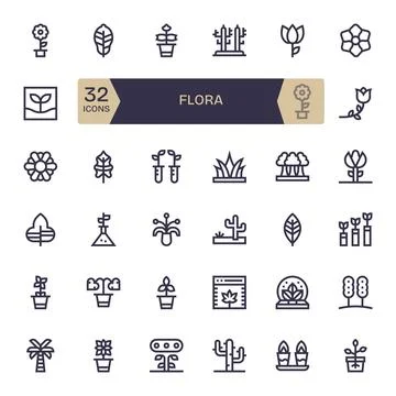 32 Bold Line Vector Icons designed for Flora in 128x128 Display Perfect forma Stock Illustration