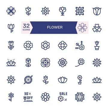 32 Bold Line Vector Icons from Flower in High Resolution Pixel Aligned Qualit Stock Illustration