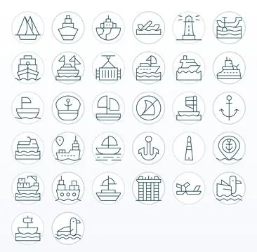 32 Detail Enhanced Thin Line Vector Icons designed for Harbor Interface Stock Illustration