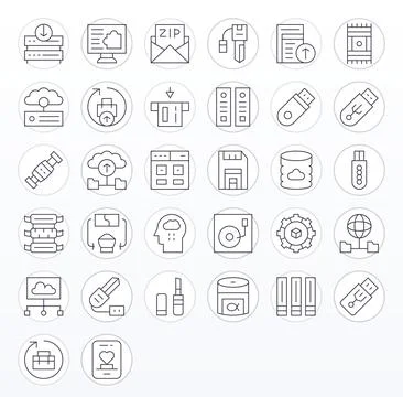 32 Digital Storage Pixel Aligned Vector Icons in 64x64 Thin Line Aesthetic Stock Illustration