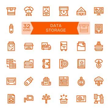 32 Display Perfect Vector Icons themed around Data Storage in High Resoluti.. Stock Illustration