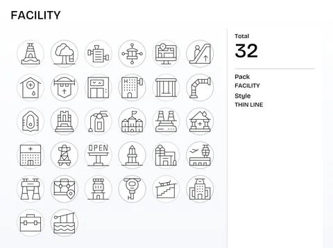 32 Editable Retina Ready Vector Icons for Facility in elegant Thin Line desig Stock Illustration