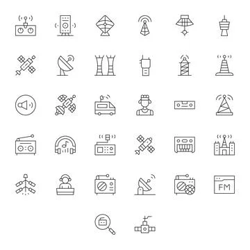 32 Editable Thin Line Vector Icons designed for Radio Interface Stock Illustration