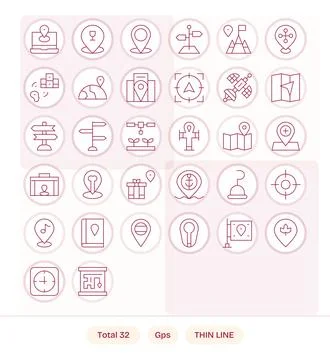 32 Editable Thin Line Vector Icons from Gps Collection Stock Illustration