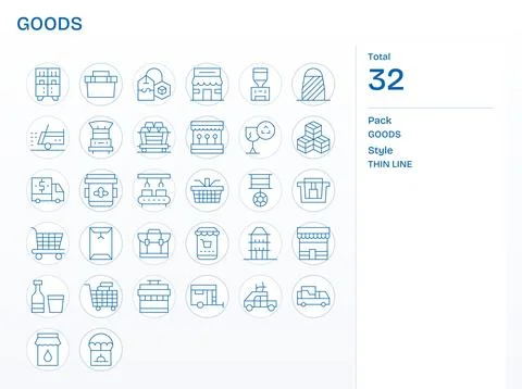 32 Grid Fitted 64x64 Vector Icons for Goods in elegant Thin Line design Stock Illustration