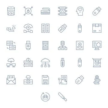 32 Grid Fitted Thin Line Vector Icons designed for Digital Storage Interface Stock Illustration