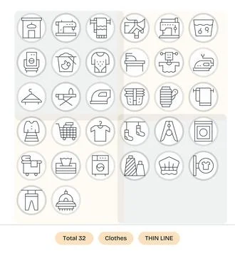 32 Grid Fitted Thin Line Vector Icons from Clothes Collection Illustrazione stock