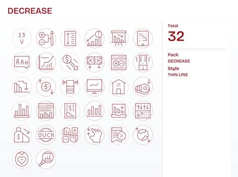 32 Grid Fitted Thin Line Vector Icons from Decrease Collection Stock Illustration