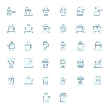 32 Grid Fitted Vector Icons themed around Hot Beverage in 128x128 Thin Line.. Illustrazione stock