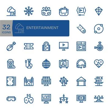 32 High Resolution Bold Line Grid Fitted Vector Icons for Entertainment Pro.. Stock Illustration