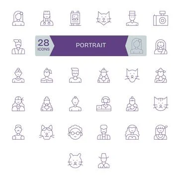 32 High Resolution Pixel Optimized Vector Icons for Portrait in Thin Line The Stock Illustration