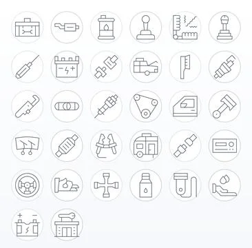 32 High Resolution Thin Line Vector Icons for Automotive with PIXEL Perfect.. Stock Illustration