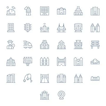 32 High Resolution Thin Line Vector Icons optimized for City Pixel Aligned .. Ilustração Stock