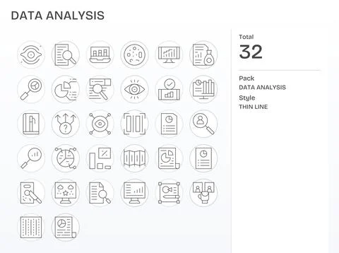 32 High Resolution Thin Line Vector Icons optimized for Data Analysis Detai.. Stock Illustration