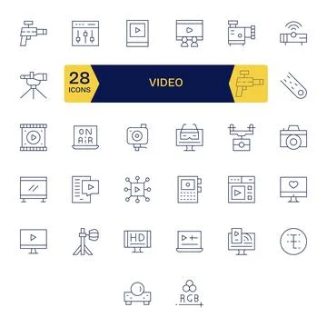 32 High Resolution Thin Line Vector Icons for Video with Pixel Aligned prec.. Stockillustratie
