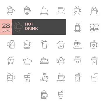 32 High Resolution Thin Line Vector Icons for Hot Drink with Editable precisi Stock Illustration