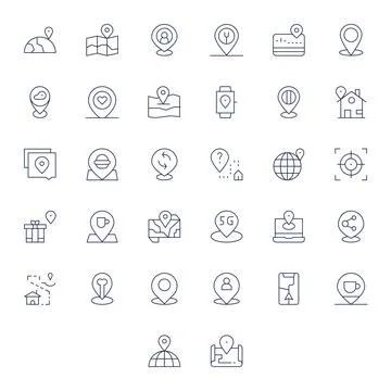 32 High Resolution Vector Icons for Geolocation in PIXEL Perfect Thin Line .. 스톡 일러스트
