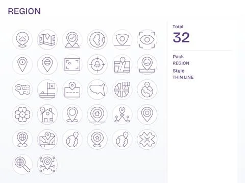 32 High Resolution Vector Icons for Region with Editable Thin Line clarity Stock Illustration