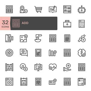 32 High Resolution Vector Icons for Add in Pixel Optimized Bold Line Format Stock Illustration