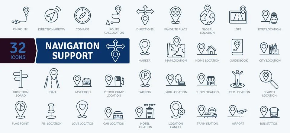 32 Navigation Support Icons Pack: Essential Location Elements Stock Illustration