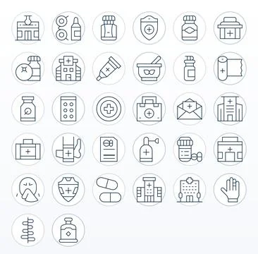 32 Pixel Aligned Thin Line Vector Icons designed for Pharmacy Interface Stock Illustration