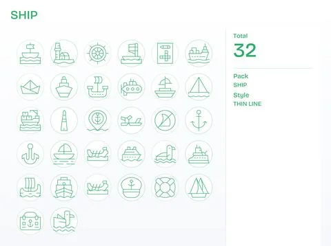 32 Pixel Aligned Thin Line Vector Icons from Ship Collection Stock Illustration