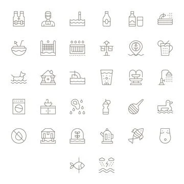 32 Pixel Aligned Vector Icons themed around Water in High Resolution Thin L.. Stock Illustration