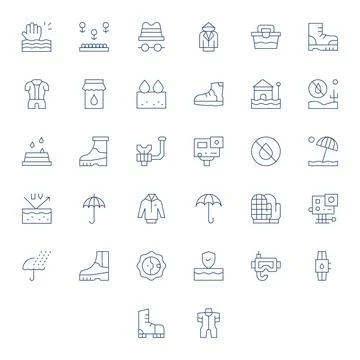 32 Pixel Aligned Vector Icons themed around Waterproof in 128x128 Thin Line.. Stock Illustration
