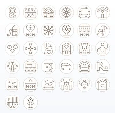 32 PIXEL Perfect Thin Line Vector Icons designed for Family Interface Stock Illustration
