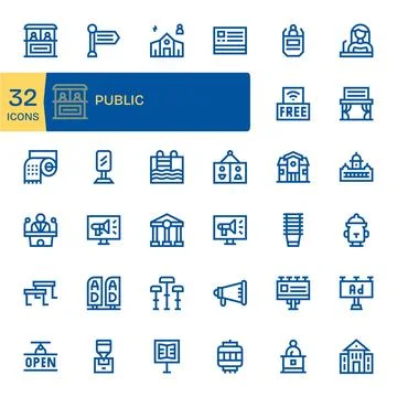 32 Public PIXEL Perfect Vector Icons in 128x128 Bold Line Aesthetic Stock Illustration