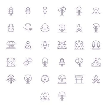 32 Retina Ready Thin Line Editable Vector Icons for Woodland Projects Stock Illustration