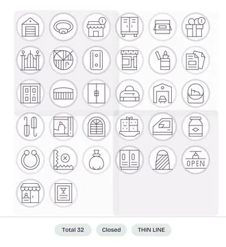 32 Retina Ready Thin Line Vector Icons for Closed with Grid Fitted precision Stock Illustration