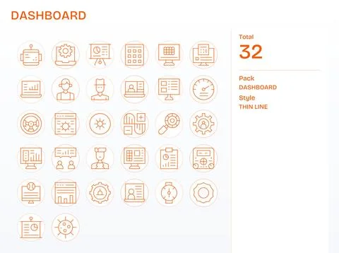 32 Retina Ready Thin Line Editable Vector Icons for Dashboard Projects Stock Illustration