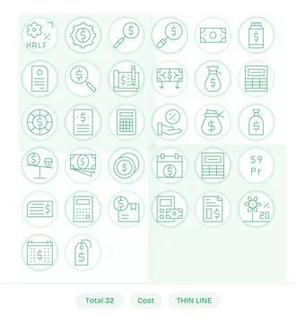 32 Retina Ready Thin Line Vector Icons for Cost with Editable precision Stock Illustration